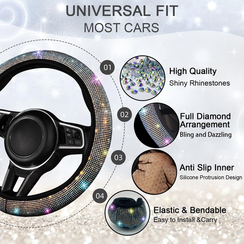 NBTEPEM 8 pcs Bling Car Accessories Set for Women, Steering Wheel Cover, Sparkly Seat Belt Covers, Bling Gear Shift Cover, Universal Fit Most Cars (Multicolor Diamond) - Image 2