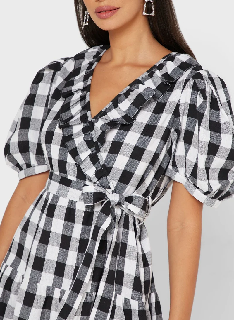 THE VANCA Balloon Sleeve Checked Belt Detail Dress