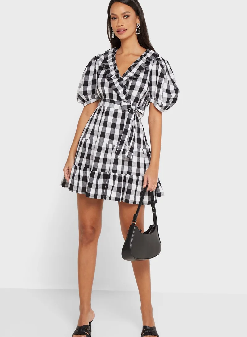 THE VANCA Balloon Sleeve Checked Belt Detail Dress