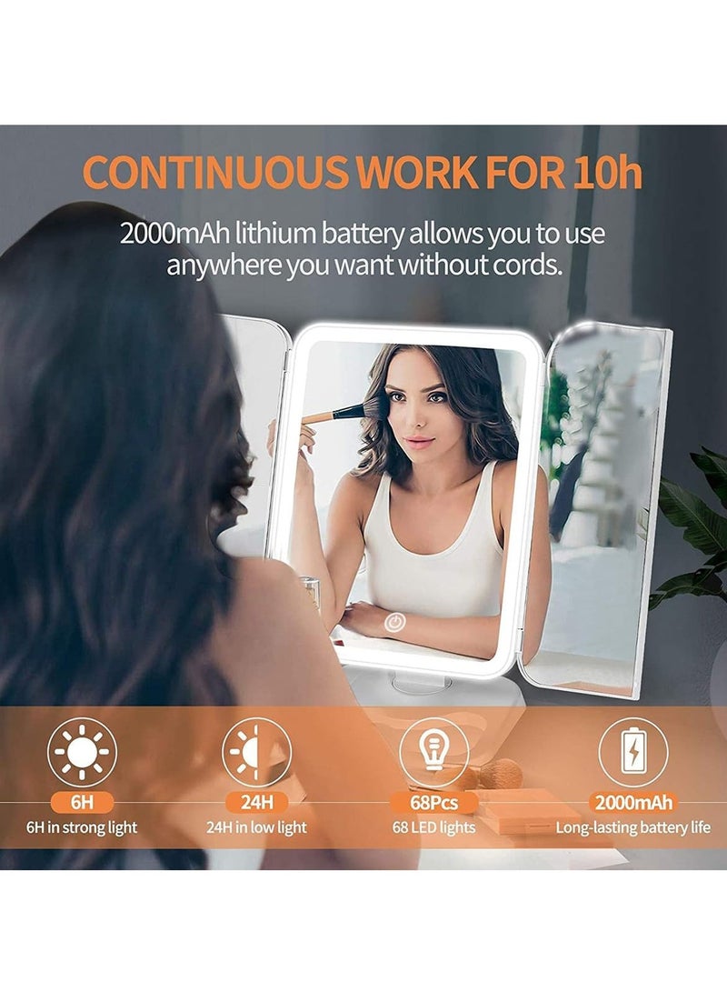 ELTRAZONE Makeup Mirror Vanity with Lights – 68 LED Trifold Mirror, 3 Color Lighting Modes, 1x/2x/3x Magnification, Touch Control Design, Portable High Definition Lighted Cosmetic Mirror, Perfect for Home  Travel (White) - Image 3