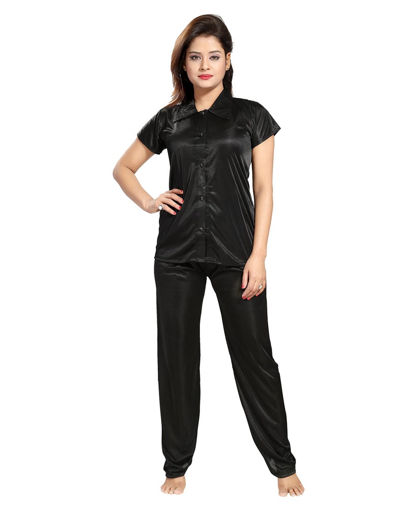Fabme Women's Plain Satin Night Suit (Shirt and Pyjama) (Black) (Size - XX-Large || Bust 42") - Image 1
