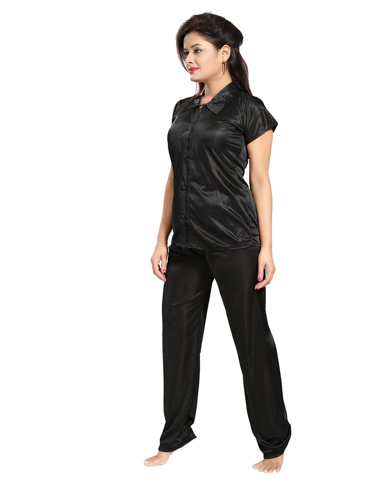 Fabme Women's Plain Satin Night Suit (Shirt and Pyjama) (Black) (Size - XX-Large || Bust 42") - Image 3