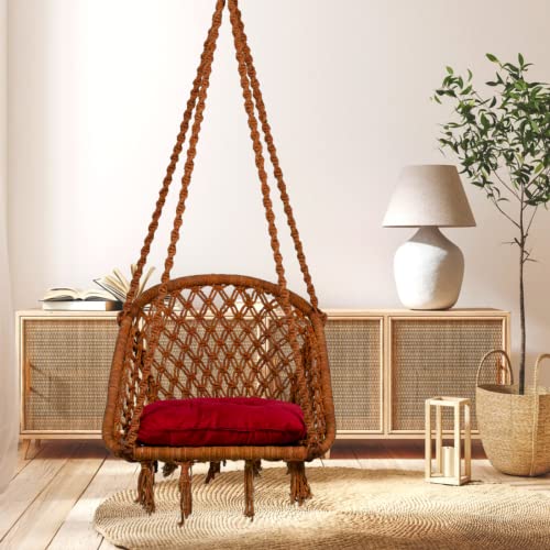 Patiofy Adult Swing - D Shape Cotton Swing Chair for Home & Living Room - Includes Hanging Kit & Red Cushion (Brown) - 61cm x 64cm x 2.5cm - Image 2