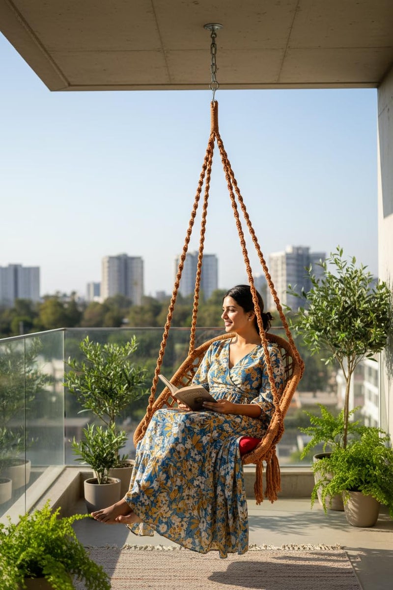 Patiofy Adult Swing - D Shape Cotton Swing Chair for Home & Living Room - Includes Hanging Kit & Red Cushion (Brown) - 61cm x 64cm x 2.5cm - Image 1