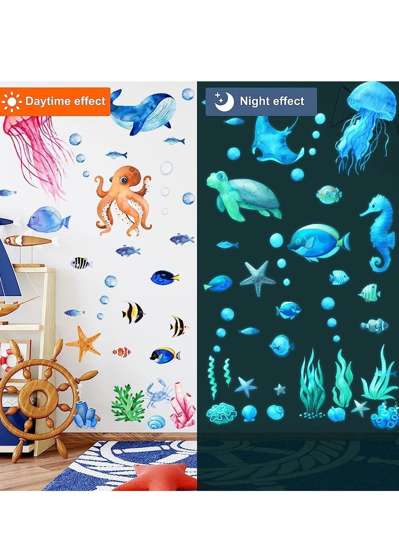 Ocean Fish Wall Decals,Glow in The Dark Under The Sea Wall Decals Sea Life Animals Wall Stickers Removable Waterproof Peel and Stick for Boys Kids Bathroom Watercolor Ocean Creatures Decor(Upgrade) - Image 1