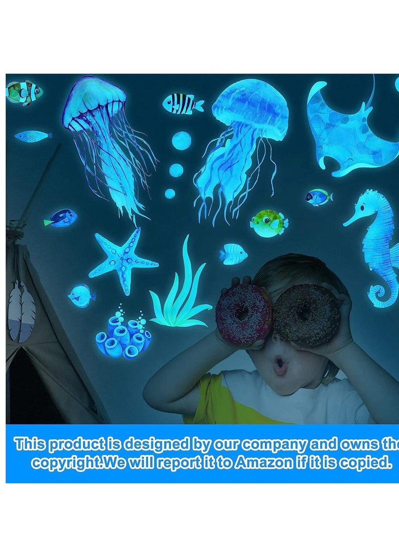 Ocean Fish Wall Decals,Glow in The Dark Under The Sea Wall Decals Sea Life Animals Wall Stickers Removable Waterproof Peel and Stick for Boys Kids Bathroom Watercolor Ocean Creatures Decor(Upgrade) - Image 4
