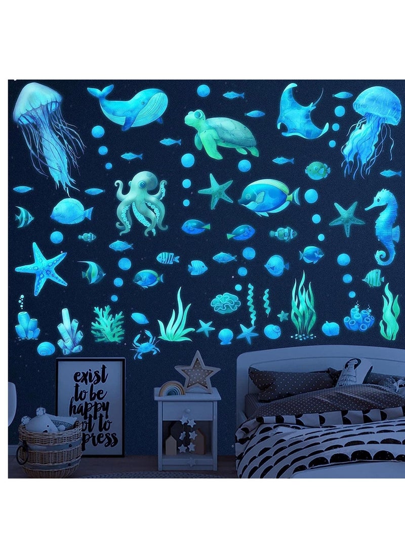 Ocean Fish Wall Decals,Glow in The Dark Under The Sea Wall Decals Sea Life Animals Wall Stickers Removable Waterproof Peel and Stick for Boys Kids Bathroom Watercolor Ocean Creatures Decor(Upgrade) - Image 2