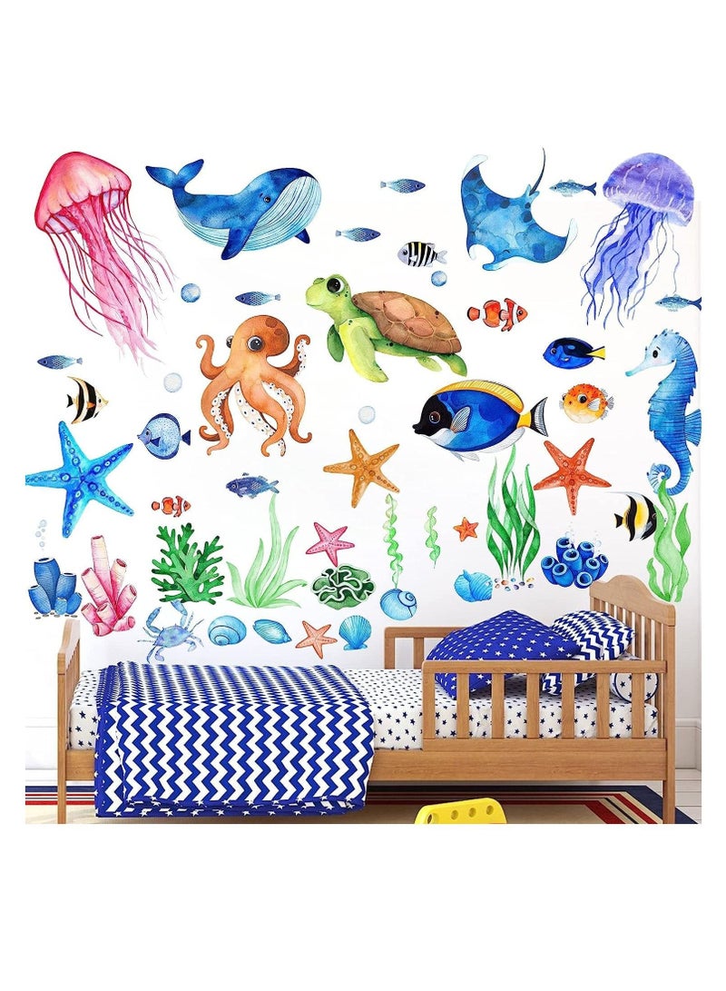 Ocean Fish Wall Decals,Glow in The Dark Under The Sea Wall Decals Sea Life Animals Wall Stickers Removable Waterproof Peel and Stick for Boys Kids Bathroom Watercolor Ocean Creatures Decor(Upgrade) - Image 3