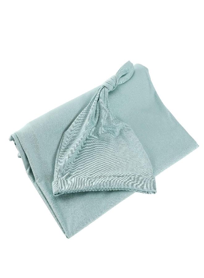 iEvolve Cotton Knitted Baby Swaddle Blanket with Hat Headband Set Newborn Swaddle Wrap Receiving Blankets for Baby Girl Boy 35" x 35"(LightGreen) - Image 1