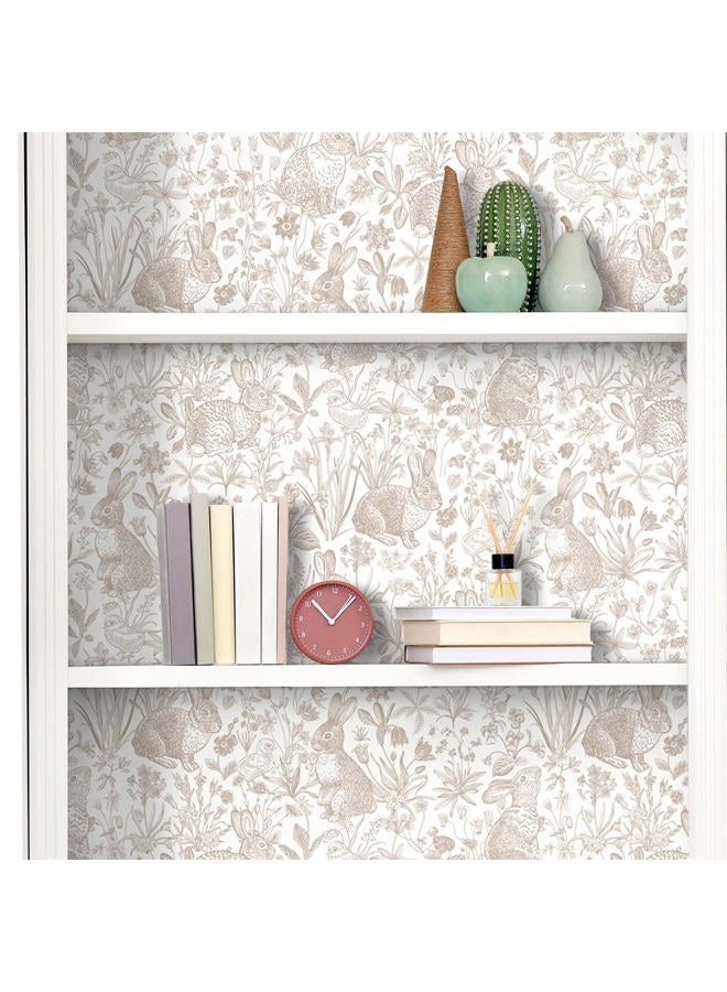 ReWallpaper 15.8in×23ft Beige Bunny Wallpaper Peel and Stick Neutral Countryside Cottage Wallpaper Bathroom Waterproof Whimsical Woodland Rabbits Bunny Wall Decor for Nursery Kids Room Bedroom Walls - Image 3