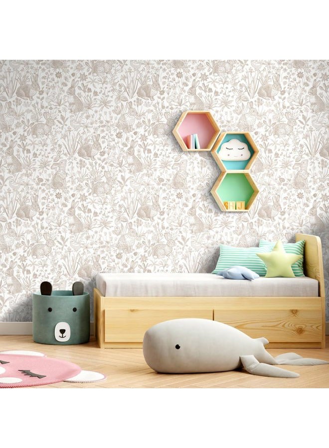 ReWallpaper 15.8in×23ft Beige Bunny Wallpaper Peel and Stick Neutral Countryside Cottage Wallpaper Bathroom Waterproof Whimsical Woodland Rabbits Bunny Wall Decor for Nursery Kids Room Bedroom Walls - Image 4