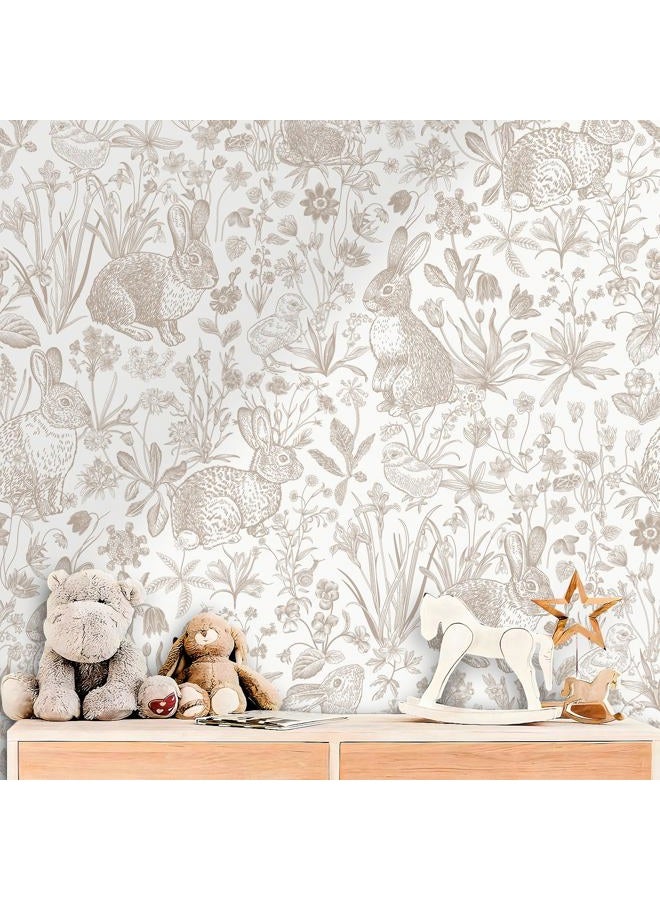 ReWallpaper 15.8in×23ft Beige Bunny Wallpaper Peel and Stick Neutral Countryside Cottage Wallpaper Bathroom Waterproof Whimsical Woodland Rabbits Bunny Wall Decor for Nursery Kids Room Bedroom Walls - Image 1