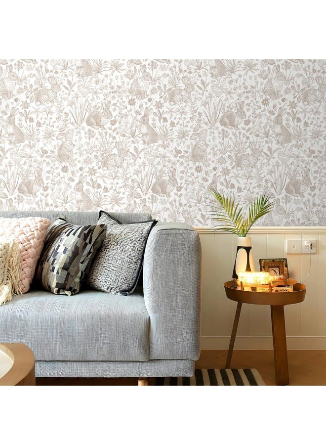 ReWallpaper 15.8in×23ft Beige Bunny Wallpaper Peel and Stick Neutral Countryside Cottage Wallpaper Bathroom Waterproof Whimsical Woodland Rabbits Bunny Wall Decor for Nursery Kids Room Bedroom Walls - Image 2