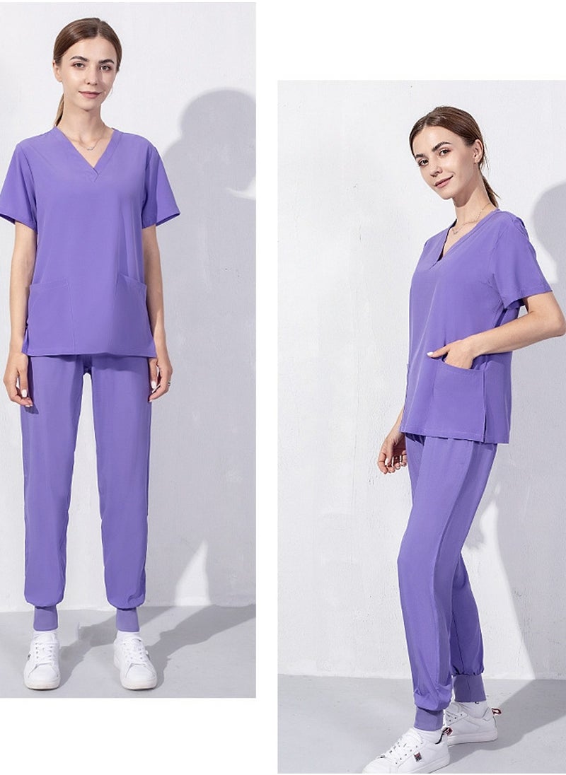 Loquat Medical Uniform Scrubs Set V-Neck Top and Loose Jogger Pants Suit Purple  - Image 2