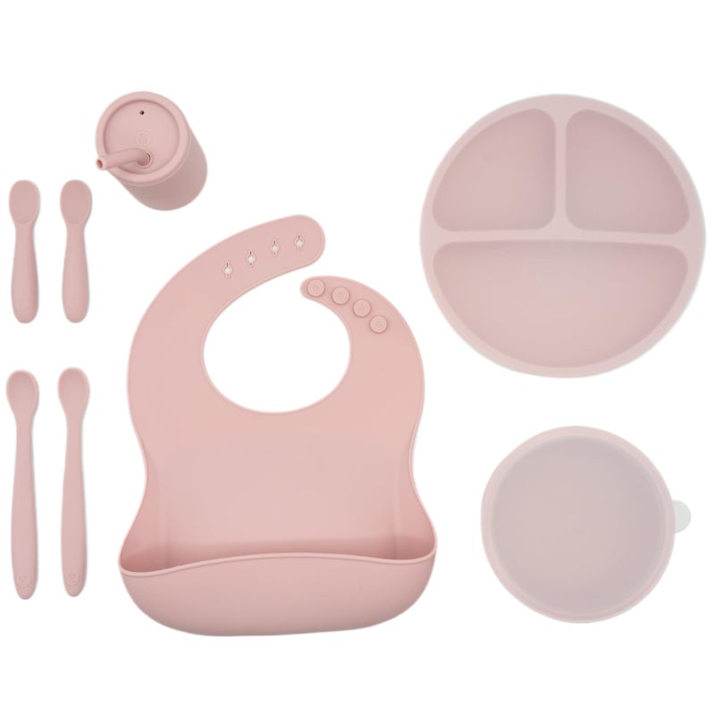 WeeSprout Baby Led Weaning Bundle Silicone Suction Bowl Spoons Bib Cup Develops Self Feeding Skills Dishwasher Safe Pink
