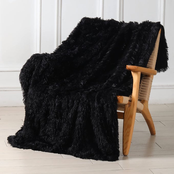 DECORATIVE EXTRA SOFT FAUX FUR THROW BLANKET 50 X 60REVERSIBLE FUZZY LONG HAIR SHAGGY THROW BLANKETS FLUFFY COZY PLUSH FLEECE COMFY MICROFIBER FUR BLANKET FOR COUCH SOFA BED BLACK