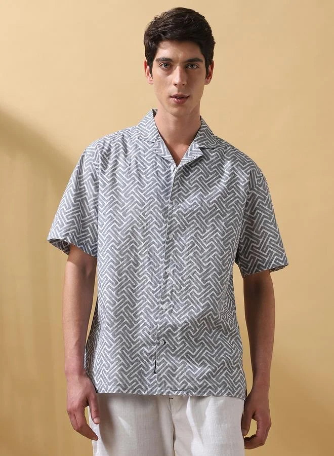 Men's Grey 100% Cotton Printed Button Down Relaxed Shirt
