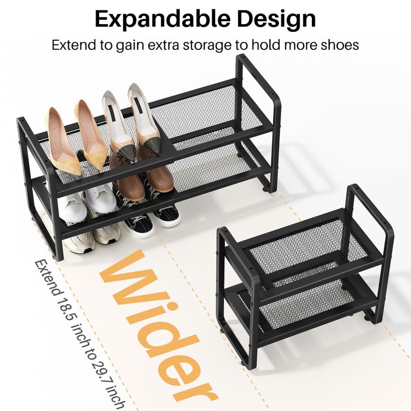 SNTD Shoe Rack - Expandable Shoe Organizer for Closet, Adjustable Metal Shoe Shelf Storage, Stackable Long Shoe Stand Holder for Garage, Entryway, Door Entrance (Black, 2-Tier) - Image 4