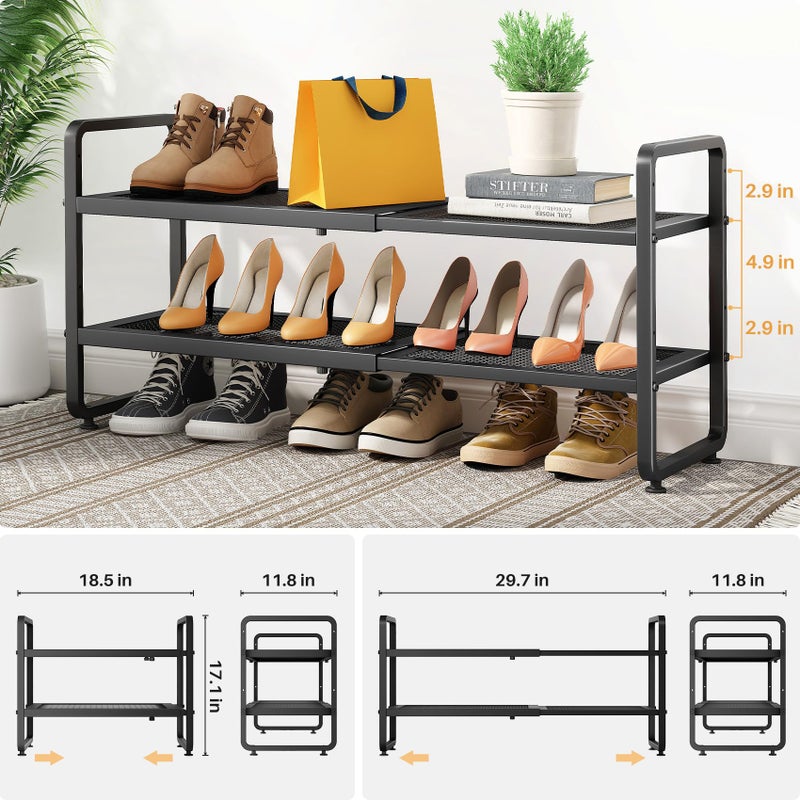 SNTD Shoe Rack - Expandable Shoe Organizer for Closet, Adjustable Metal Shoe Shelf Storage, Stackable Long Shoe Stand Holder for Garage, Entryway, Door Entrance (Black, 2-Tier) - Image 3