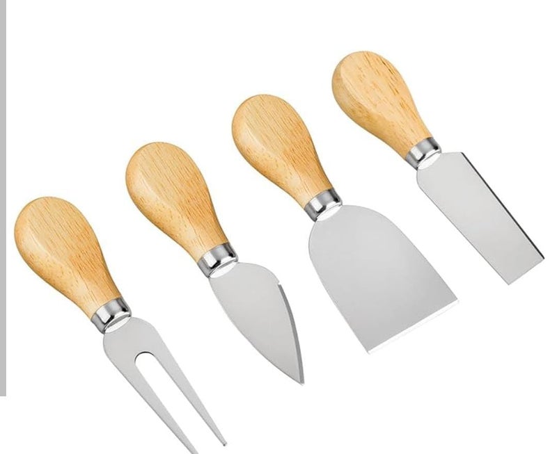 Professional Cheese Knife Set, 4 Pieces with Wooden Handles, Includes Spade, Flat Knife, Fork and Plane