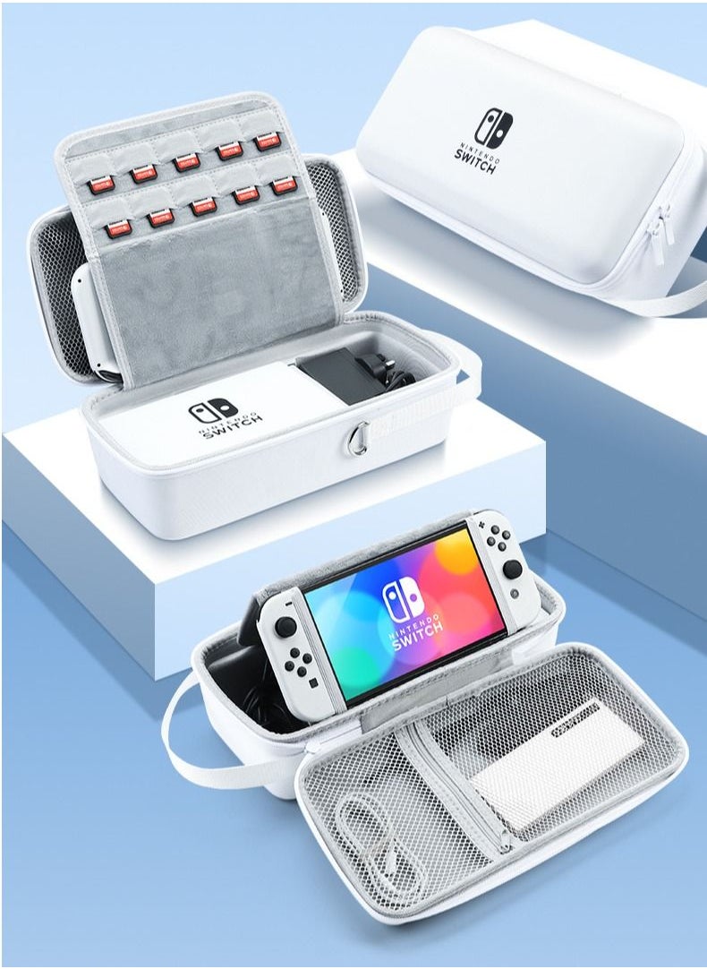 Vermaney Compatible Nintendo Switch Storage Bag Switch Case Game Console Hard Case Large Capacity Portable Built-in Stand (White)