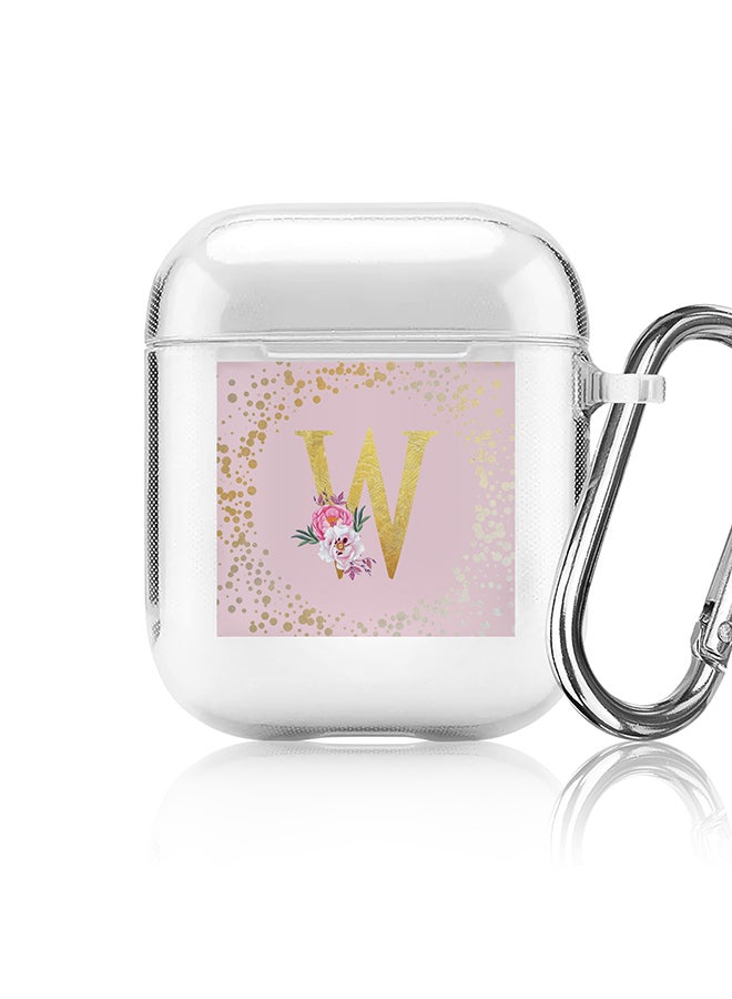 Stylizedd Classic Clear printed Case for Apple Airpods 2 / 1 Soft TPU Gel Thin Transparent Flexible Cover - Custom Monogram Initial Letter Floral Pattern Alphabet - W (Pink ) - Image 1