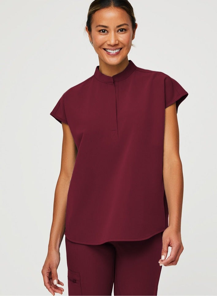 Loquat Fashion Medical Uniform Scrubs 2 Piece Set Stand Collar Top and Jogger Pants Suit Wine Red  - Image 2