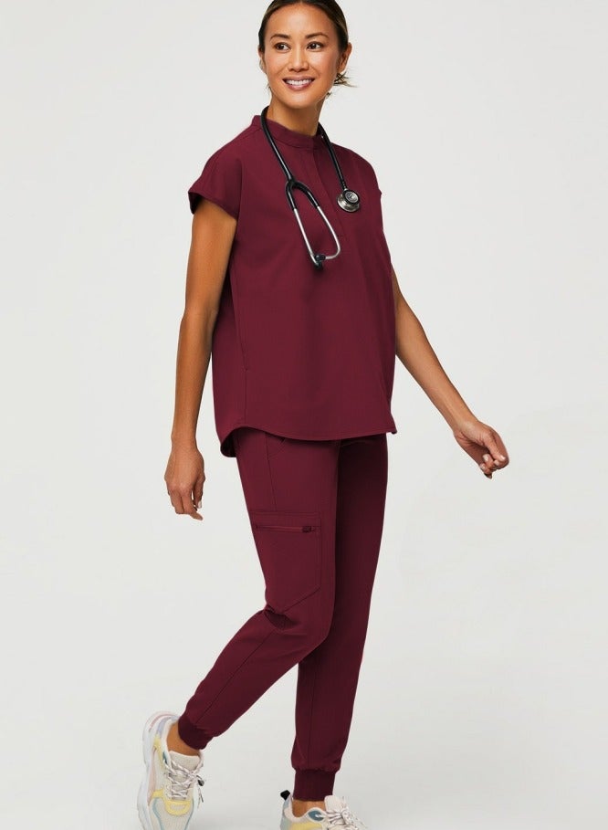 Loquat Fashion Medical Uniform Scrubs 2 Piece Set Stand Collar Top and Jogger Pants Suit Wine Red  - Image 1