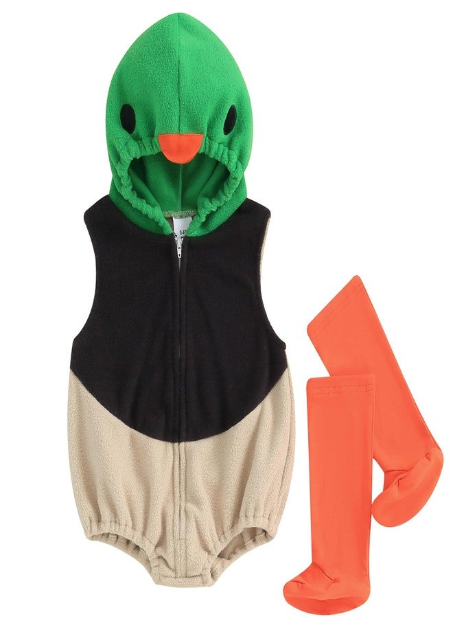 Pudcoco Infant Baby Boys Girls Halloween Mallard Duck Costume Hooded Sleeveless Romper Leggings Outfit Set (Green, 12-18 Months) - Image 1