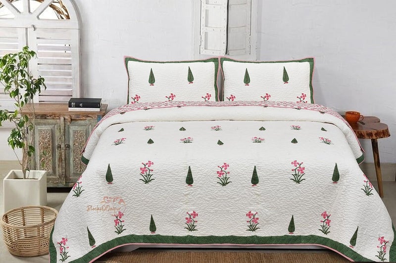BRULD BRULD 380 GSM Jaipuri Razai Hand Block Machine Quilting Print Breathable Quilted Bedspread Bedcover with 2 Pillow Cover Winter Cotton Double Bed Quilt RazaiRajai Green Cypress and Pink Flower  - Image 2