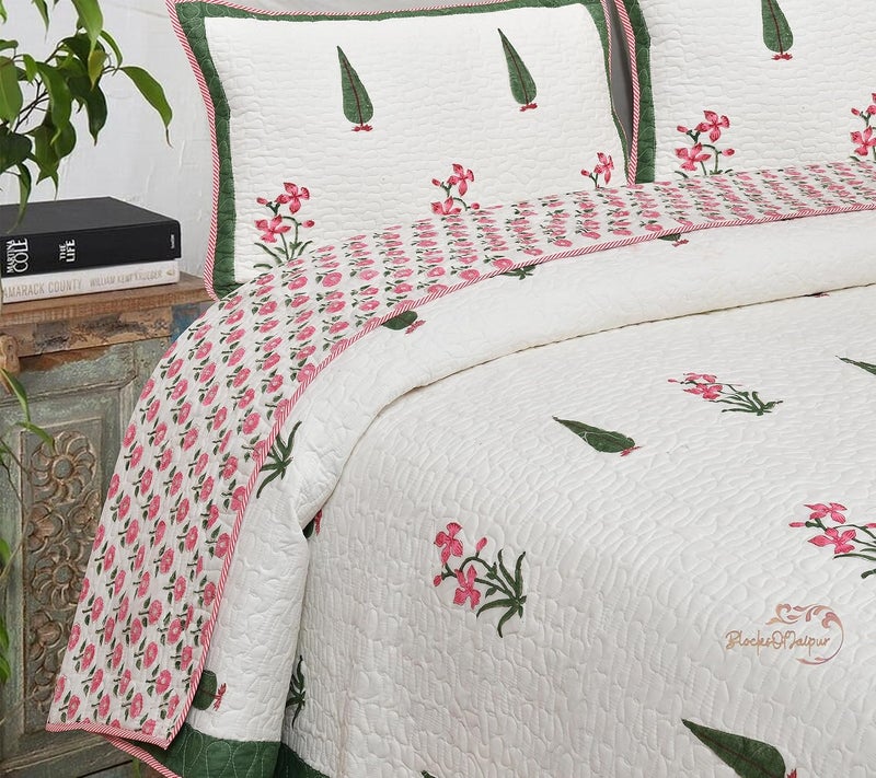 BRULD BRULD 380 GSM Jaipuri Razai Hand Block Machine Quilting Print Breathable Quilted Bedspread Bedcover with 2 Pillow Cover Winter Cotton Double Bed Quilt RazaiRajai Green Cypress and Pink Flower  - Image 3