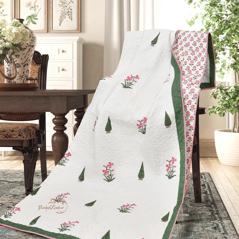 BRULD BRULD 380 GSM Jaipuri Razai Hand Block Machine Quilting Print Breathable Quilted Bedspread Bedcover with 2 Pillow Cover Winter Cotton Double Bed Quilt RazaiRajai Green Cypress and Pink Flower  - Image 4