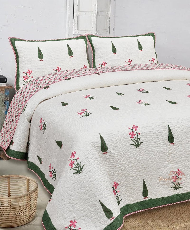 BRULD BRULD 380 GSM Jaipuri Razai Hand Block Machine Quilting Print Breathable Quilted Bedspread Bedcover with 2 Pillow Cover Winter Cotton Double Bed Quilt RazaiRajai Green Cypress and Pink Flower  - Image 1