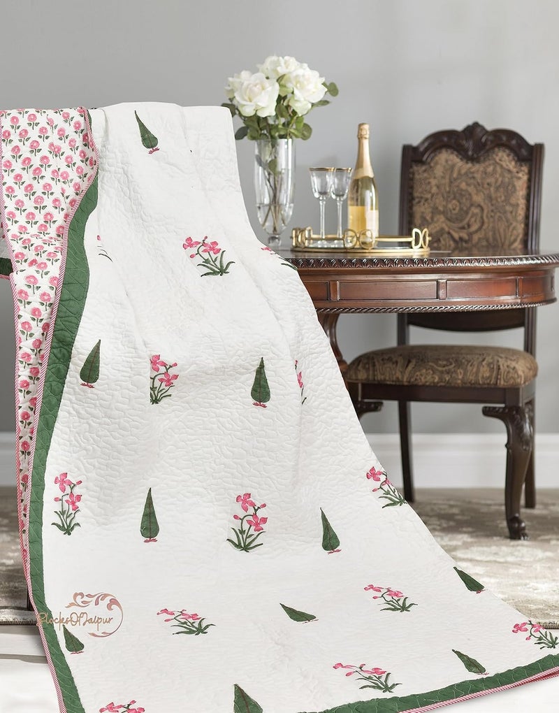 BRULD BRULD 380 GSM Jaipuri Razai Hand Block Machine Quilting Print Breathable Quilted Bedspread Bedcover with 2 Pillow Cover Winter Cotton Double Bed Quilt RazaiRajai Green Cypress and Pink Flower  - Image 5