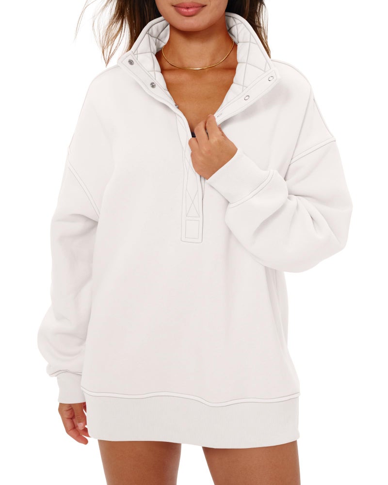 Locachy Women's Henley Neck Button Oversized Sweatshirt Casual Long Sleeve Pullover Tops 2026 Fashion Outfits Clothes White S - Image 1