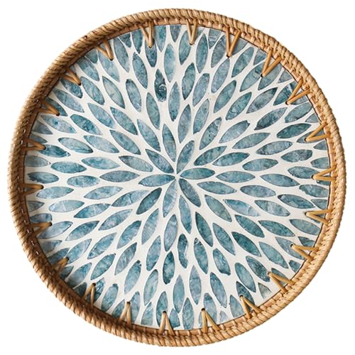 Aayoruro Round Rattan Tray with Mother of Pearl Inlay Decorative Wicker Serving Tray with Wooden Base Woven Basket Trays for Bread Fruits Coffee Light Blue - Image 1
