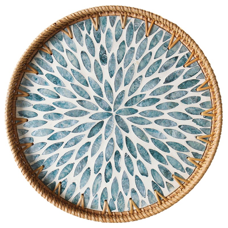 Aayoruro Round Rattan Tray with Mother of Pearl Inlay Decorative Wicker Serving Tray with Wooden Base Woven Basket Trays for Bread Fruits Coffee Light Blue - Image 2