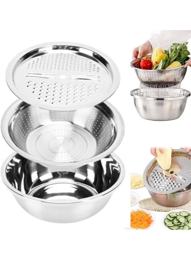 طقم عجان ومصفاه ومببشرة ستانلس ستيل ذات جوده عالية متعدد الاستخدام – 3 قطع (مصفاة + وعاء + مبشرة) - Image 1