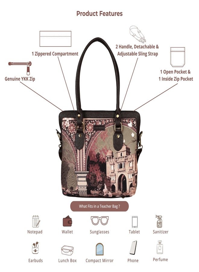 Fatfatiya Sepia Palace Print Teacher Bag - Artistic, Functional & Heritage-Inspired | Vegan Leather | Handcrafted in India - Image 5