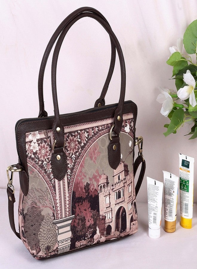Fatfatiya Sepia Palace Print Teacher Bag - Artistic, Functional & Heritage-Inspired | Vegan Leather | Handcrafted in India - Image 3