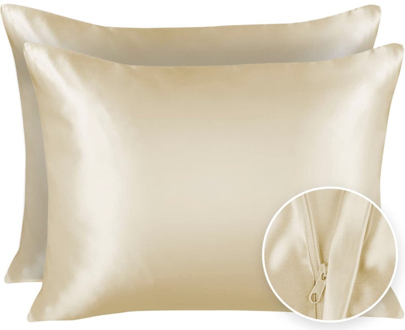 SHOPBEDDING ShopBedding Satin Pillowcase for Hair and Skin  Silk Pillow Cases -2 Pack  Luxury Satin Pillowcases Standard Size with Zipper Closure  Satin Pillow Case Cover  Silk Pillowcase for Hair & Skin  Ivory  - Image 1