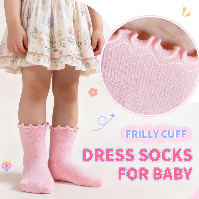 Eocom Toddler Ruffle Socks Baby Girls Non Slip Frilly Dress Cotton Grips Socks 6 Pairs(Pink Set, 1-3T) - Image 2