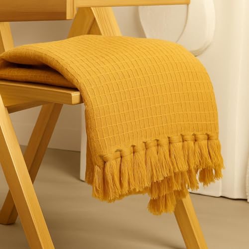 Subtlespreads Waffle Weave 100% Cotton Sofa Throw Blanket | 50x60 Inches | Soft, Breathable, Lightweight Couch Throw for Bed, Travel, Boho Home Decor 15+ Colors (Mustard) - Image 3