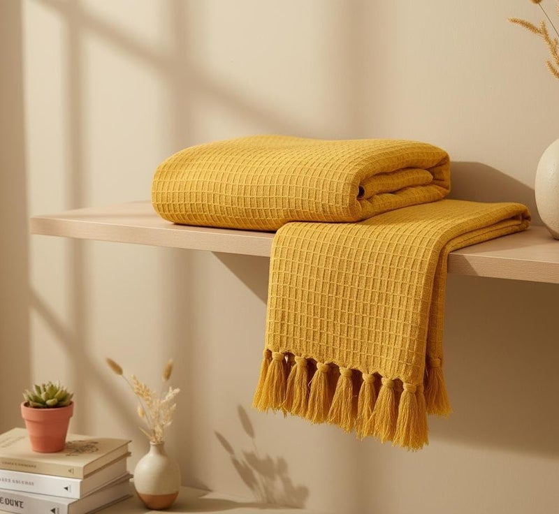 Subtlespreads Waffle Weave 100% Cotton Sofa Throw Blanket | 50x60 Inches | Soft, Breathable, Lightweight Couch Throw for Bed, Travel, Boho Home Decor 15+ Colors (Mustard) - Image 1