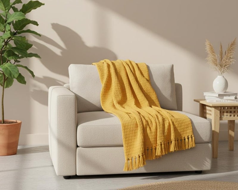 Subtlespreads Waffle Weave 100% Cotton Sofa Throw Blanket | 50x60 Inches | Soft, Breathable, Lightweight Couch Throw for Bed, Travel, Boho Home Decor 15+ Colors (Mustard) - Image 2