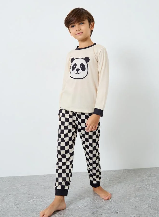 ستايلي طقم تيشيرت بطبعة باندا بأكمام طويلة مع بنطال