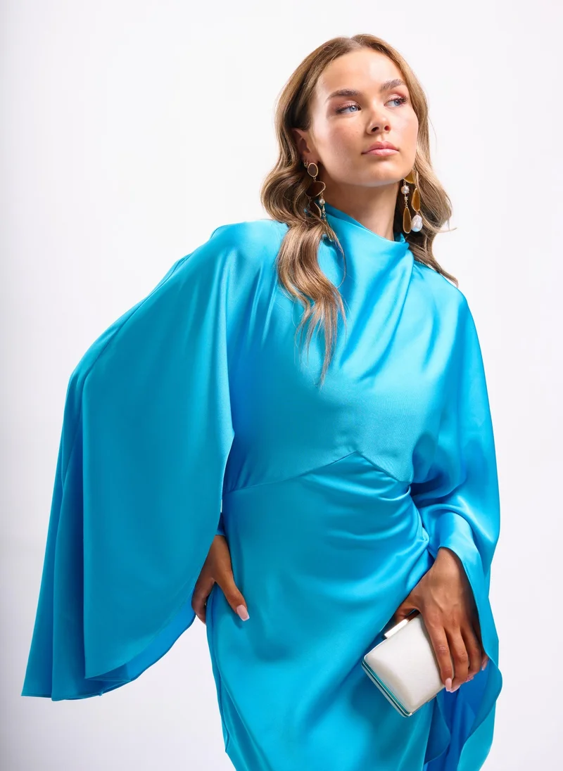Faia BATWING CAPE MAXI DRESS IN LAUNDERED SATIN IN AZURE BLUE