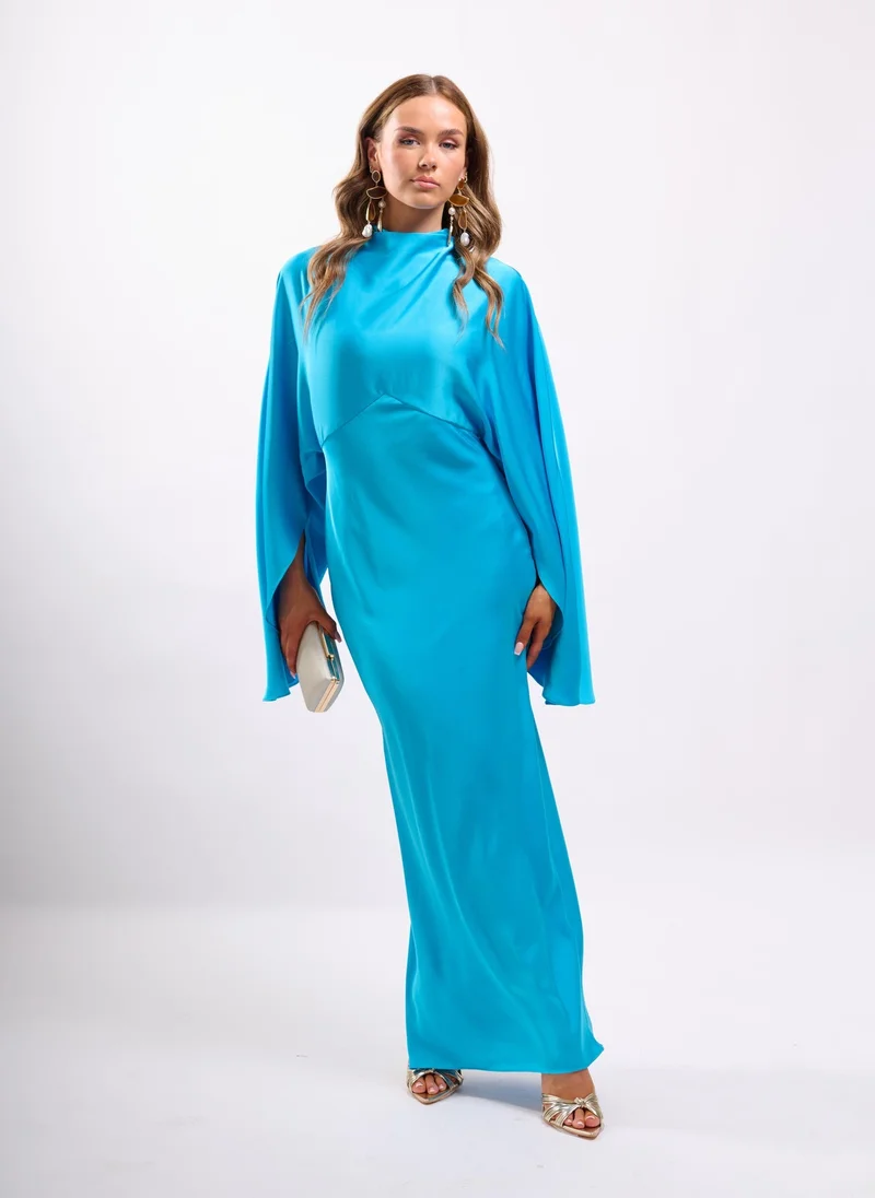 Faia BATWING CAPE MAXI DRESS IN LAUNDERED SATIN IN AZURE BLUE