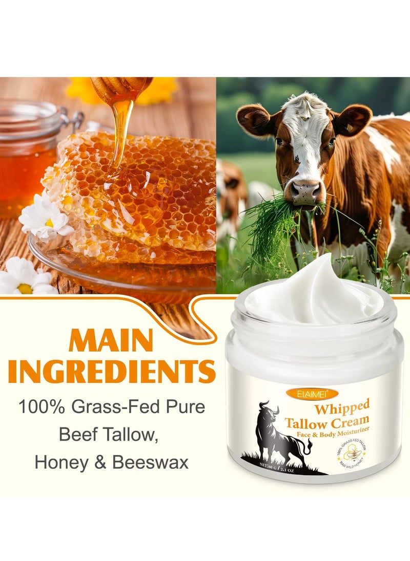 Elaimei - 60g Whipped Tallow Cream Beef Tallow Skin Care Deeply Nourishing Organic Grass Fed Tallow Balm for Face and Body Moisturizing Skin Care Cream Beef Tallow Honey Balm Beeswax Whipped Moisturizer Cream - Image 1