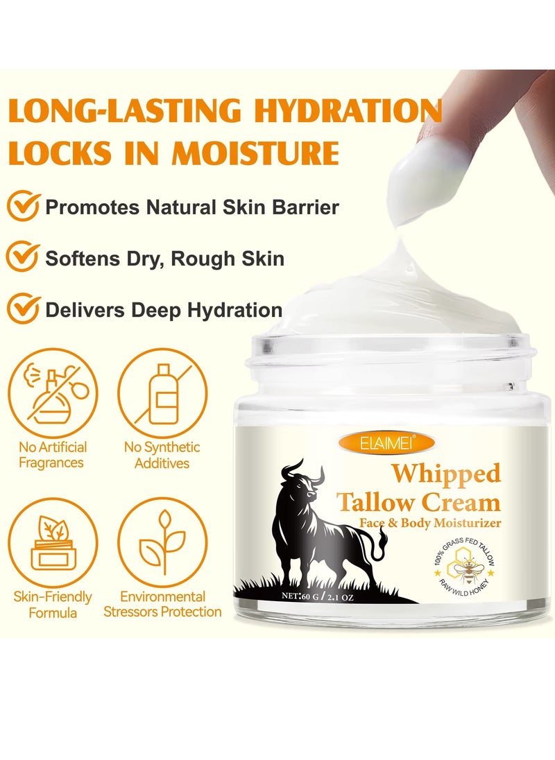 Elaimei - 60g Whipped Tallow Cream Beef Tallow Skin Care Deeply Nourishing Organic Grass Fed Tallow Balm for Face and Body Moisturizing Skin Care Cream Beef Tallow Honey Balm Beeswax Whipped Moisturizer Cream - Image 1